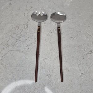 Vintage NEVCO Stainless Steel Japanese Teak Wood Spoon‎ & Fork Salad Serving Set